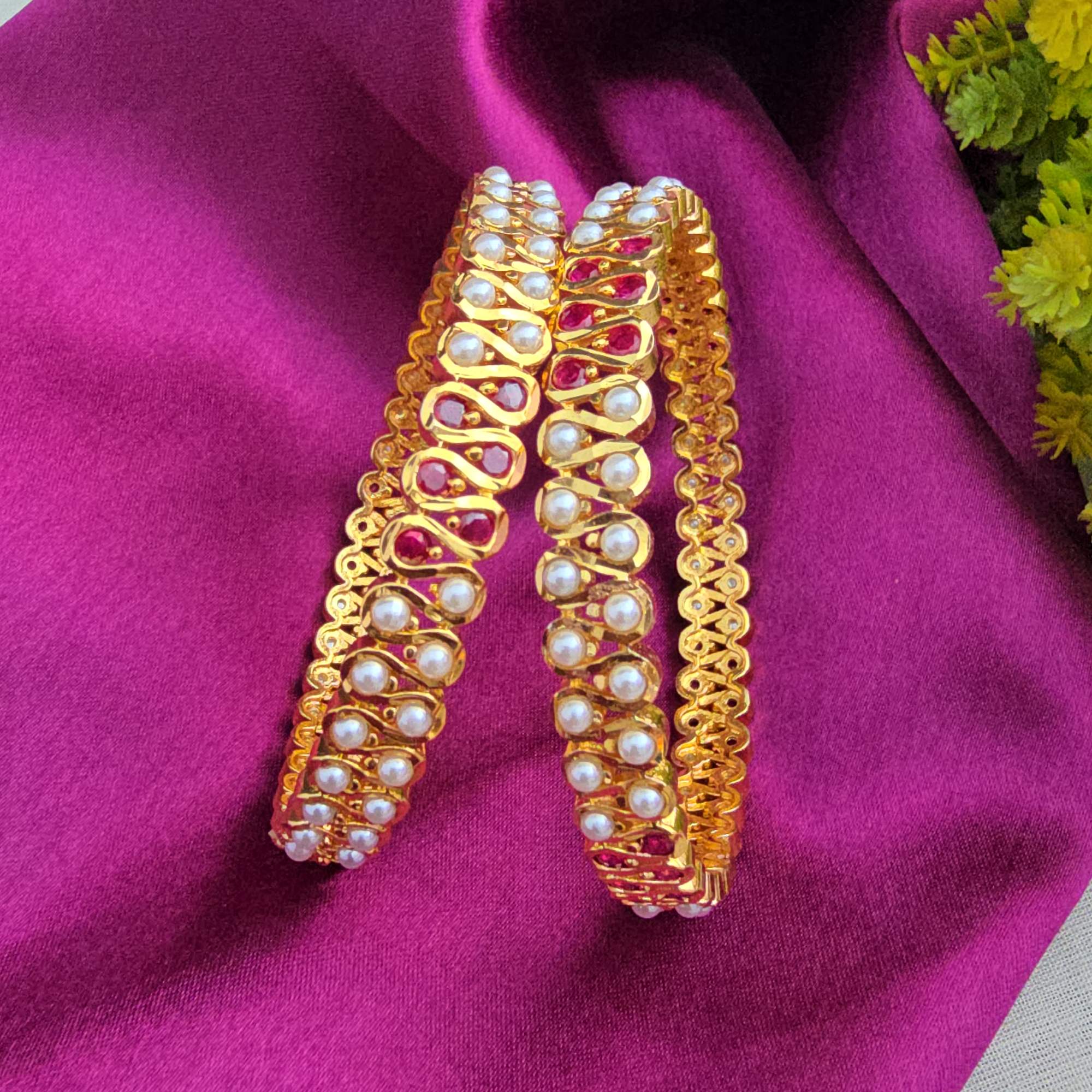 Ruby Pearl Zigzag Bangles Collection 