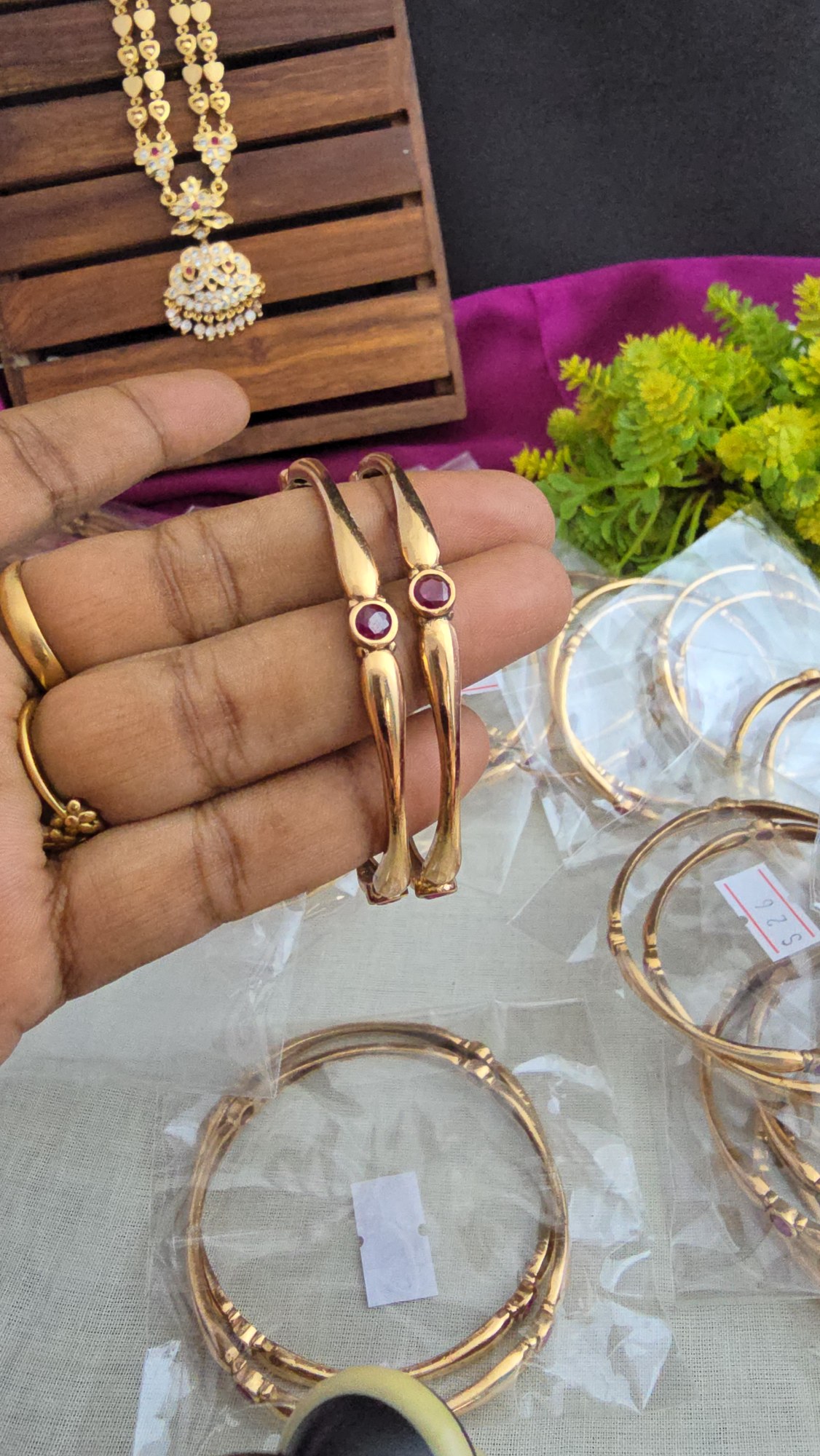 Pure Impon Unpolished Bangles With Ruby Stone 