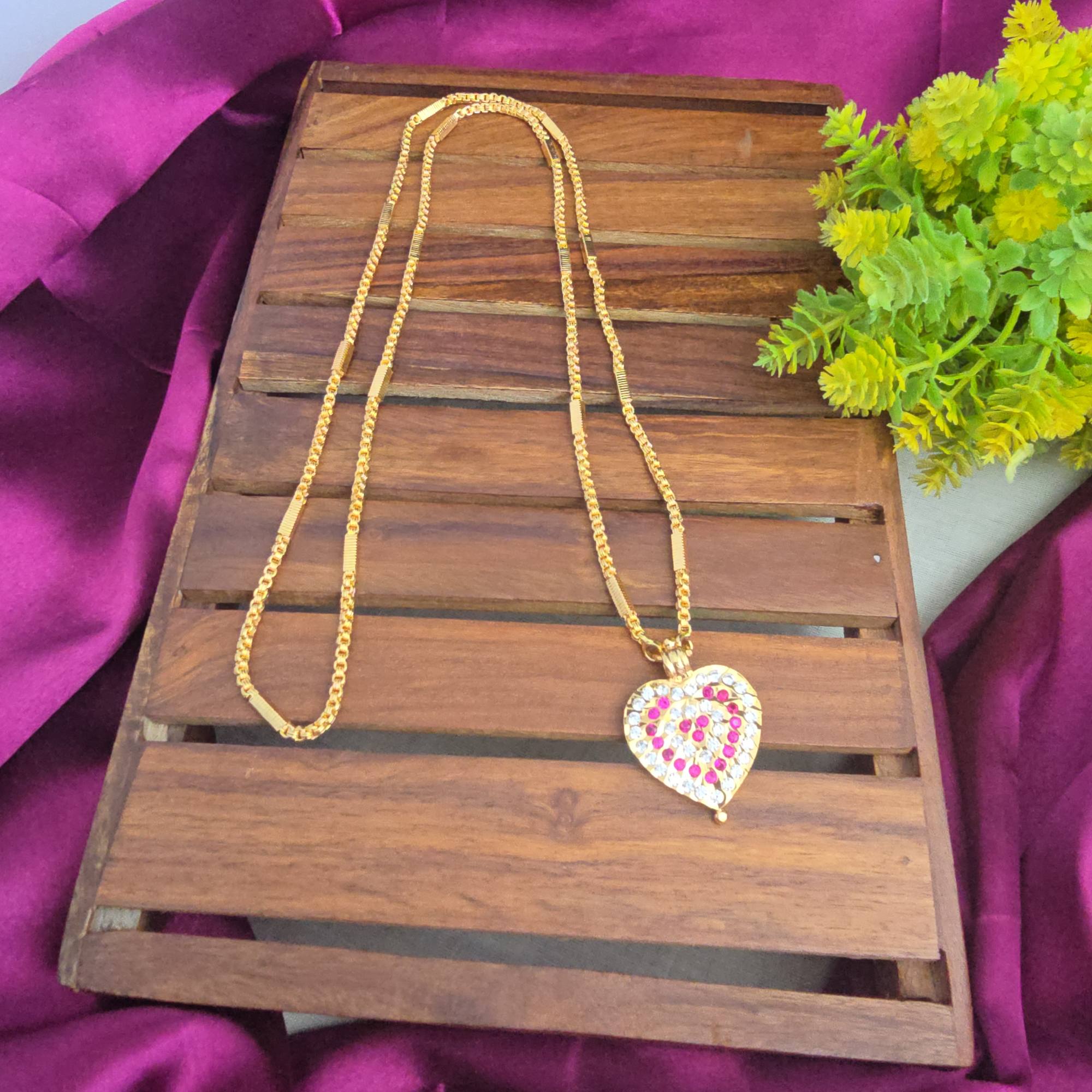 Heart Impon Stone Pendant 32"inches Long Dollar Chain 